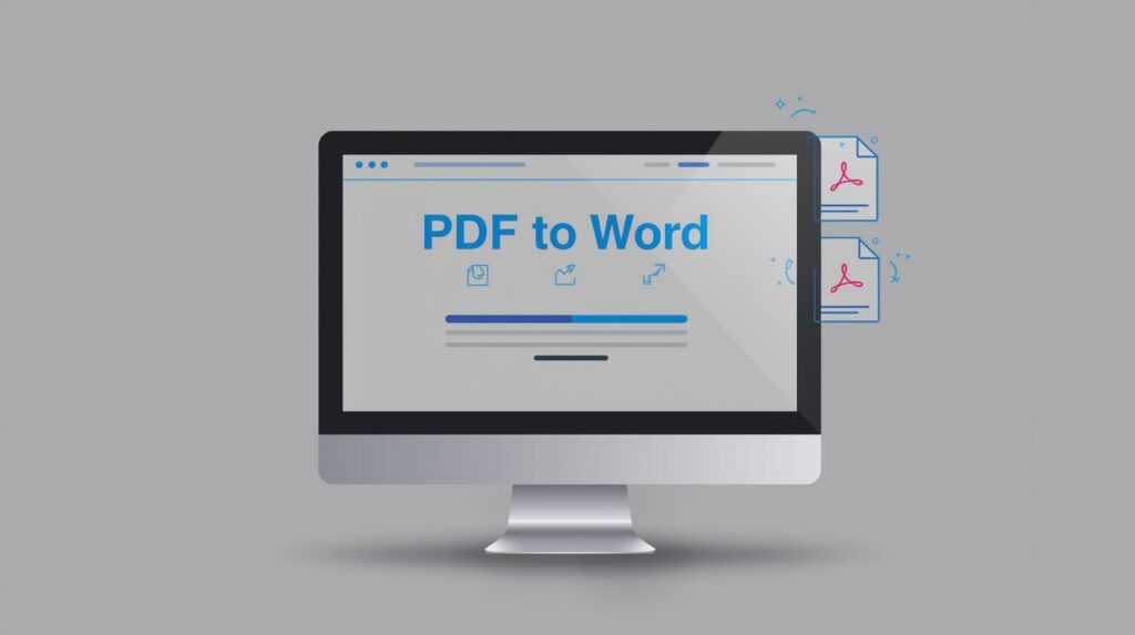 Illustration showing a PDF file converting into a text (.txt) document with digital text lines, arrows, and a clean online converter interface.