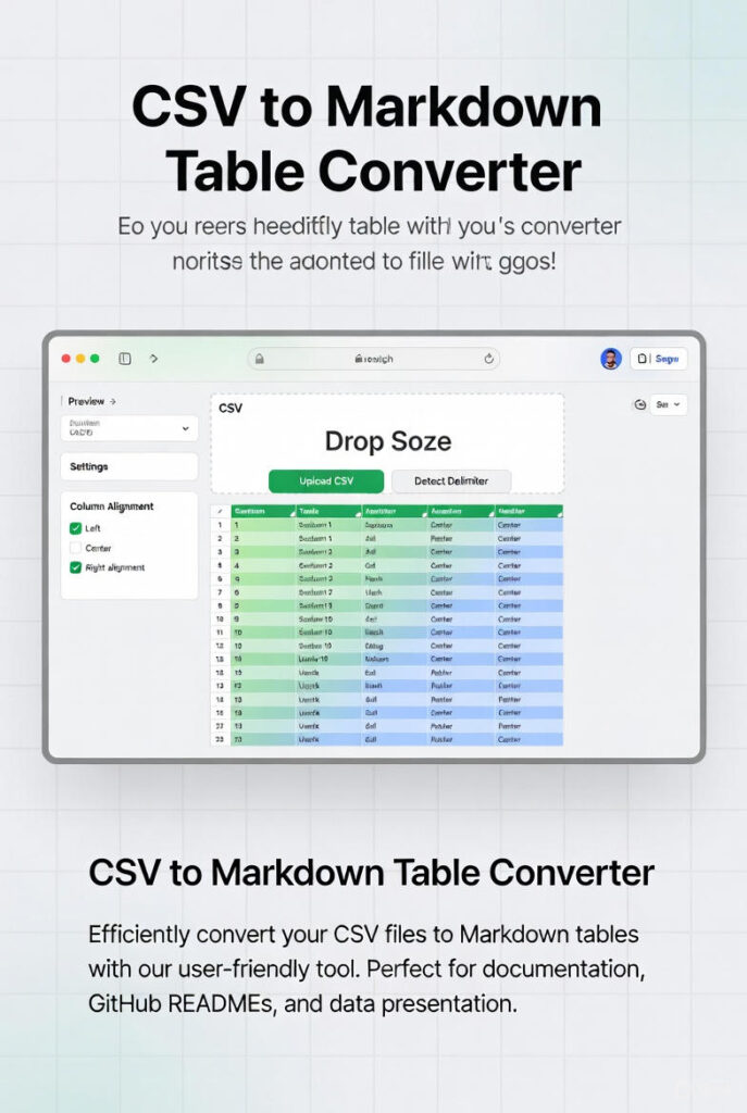 CSV to Markdown Table Converter - Free Online Tool interface showing CSV upload, delimiter options, alignment settings and real-time Markdown table preview