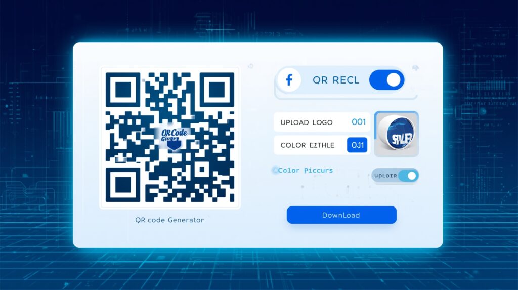 QR Code Generator with Logo - Free Online Tool interface showing real-time preview, logo upload, color picker, frame styles, error correction and PNG/SVG download buttons